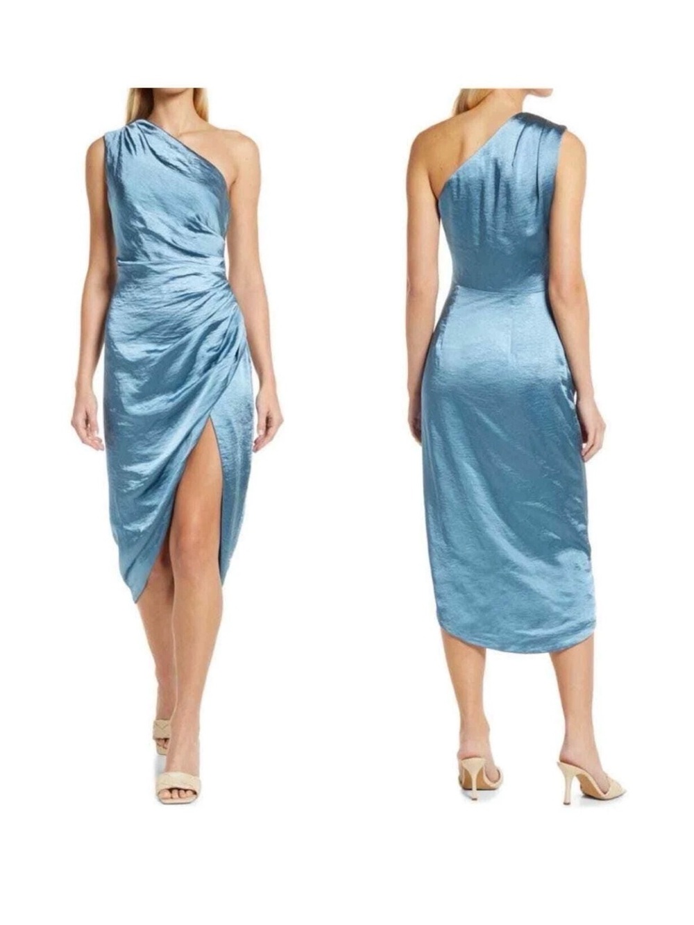 FLAW Elliatt Blue Cassini One Shoulder Ruched Sleeveless Midi Dress Large